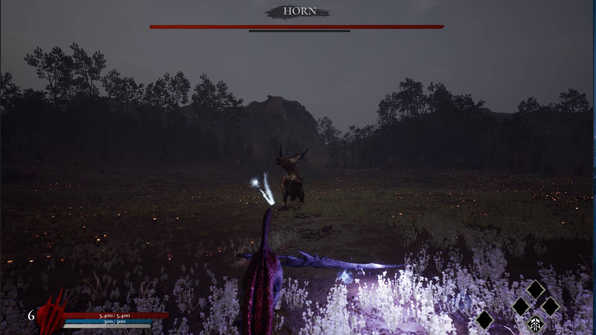 Official Dinoblade screenshot showing the Spinosaurus in a large combat arena facing a powerful dinosaur