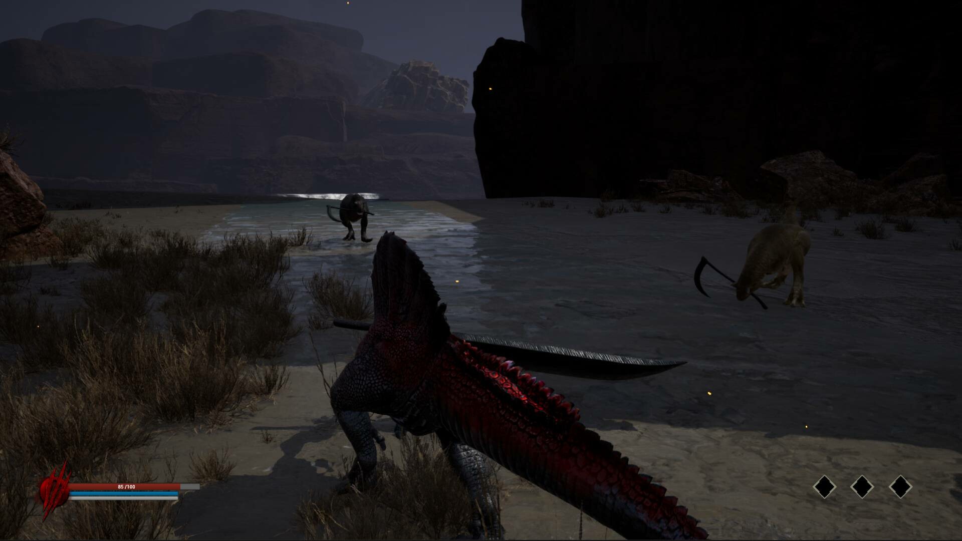 Official Dinoblade screenshot showing the sword-wielding Spinosaurus approaching two armed rival dinosaurs