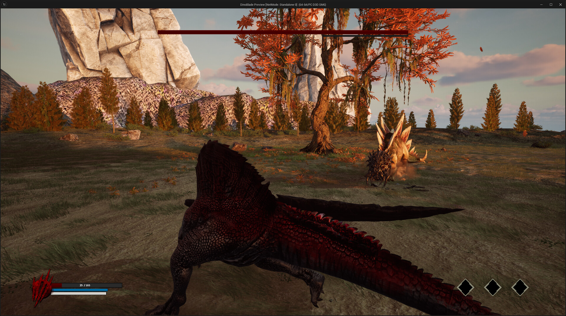 Official Dinoblade screenshot showing the sword-wielding Spinosaurus facing a large armored dinosaur