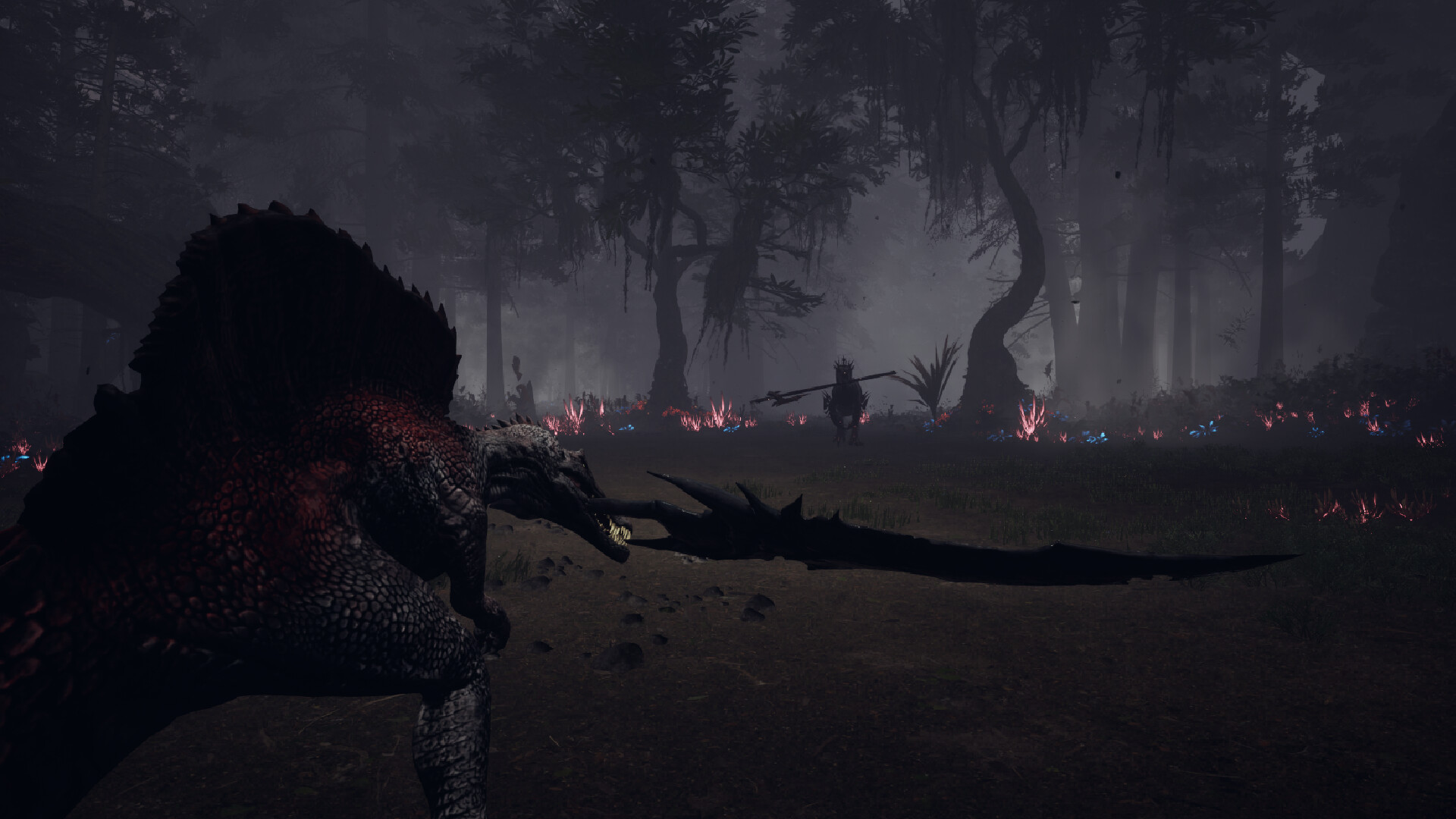 Official Dinoblade screenshot of the Spinosaurus holding its Great Sword while approaching an armed enemy in a misty forest