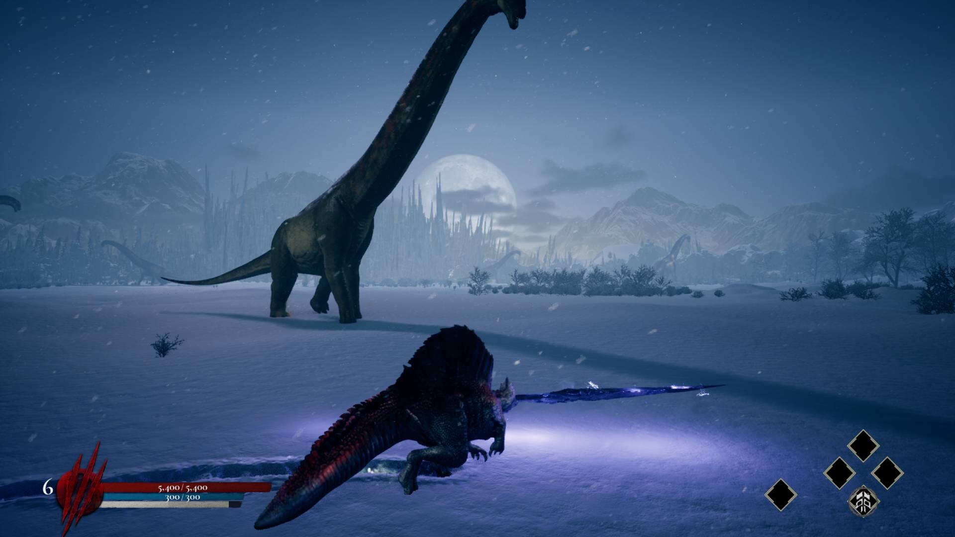 Official Dinoblade screenshot of the sword-wielding Spinosaurus moving through a moonlit snowy region
